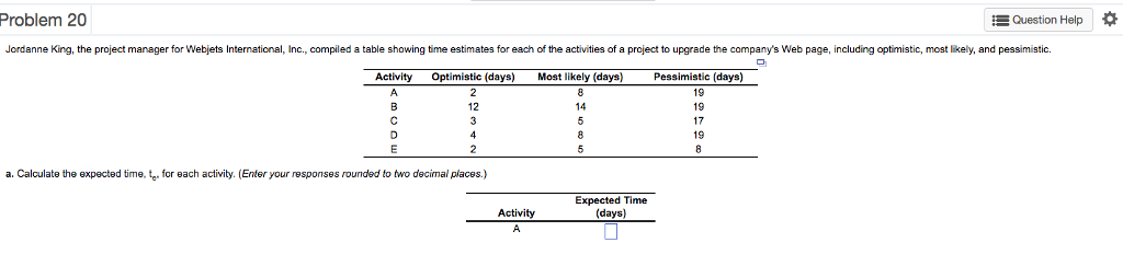 Problem 20 Question Help * Jordanne King, the project manager for