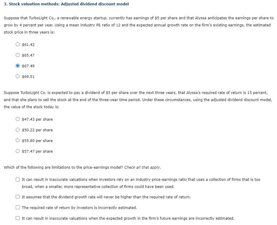 3. Stock valuation methods: Adjusted dividend discount model Suppose that TurboLight