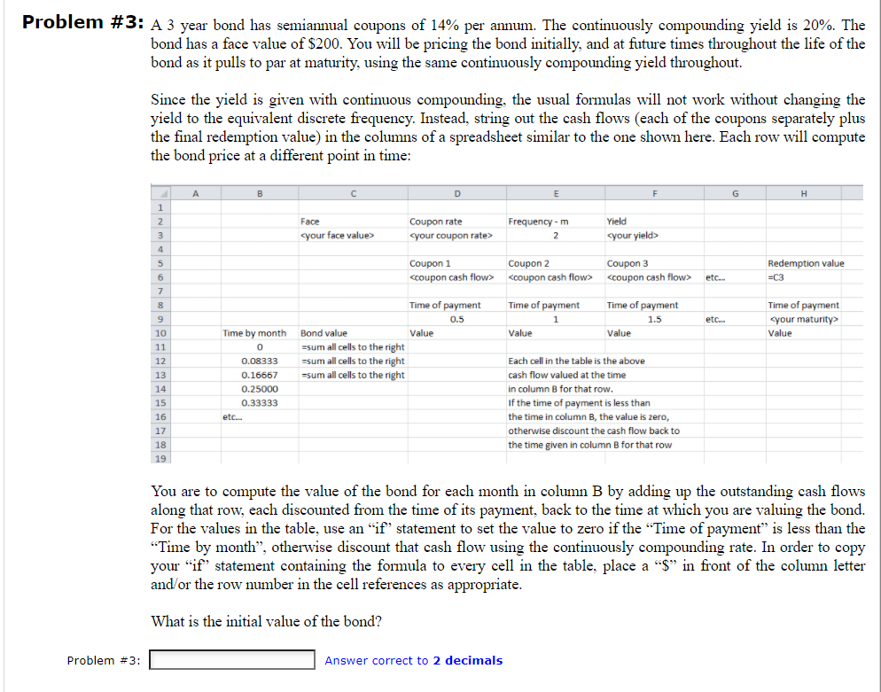Answer by excel please. Thank you. Problem #3: A 3 year bond