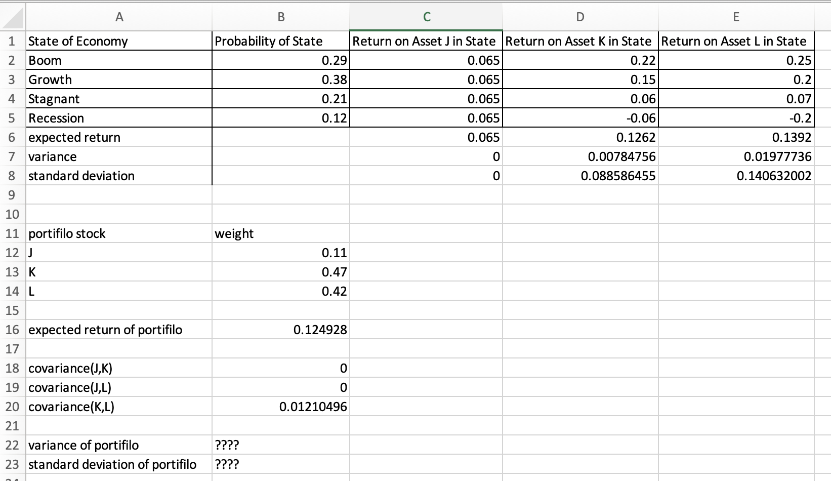 answer the questions: a. What is the expected return of each asset?