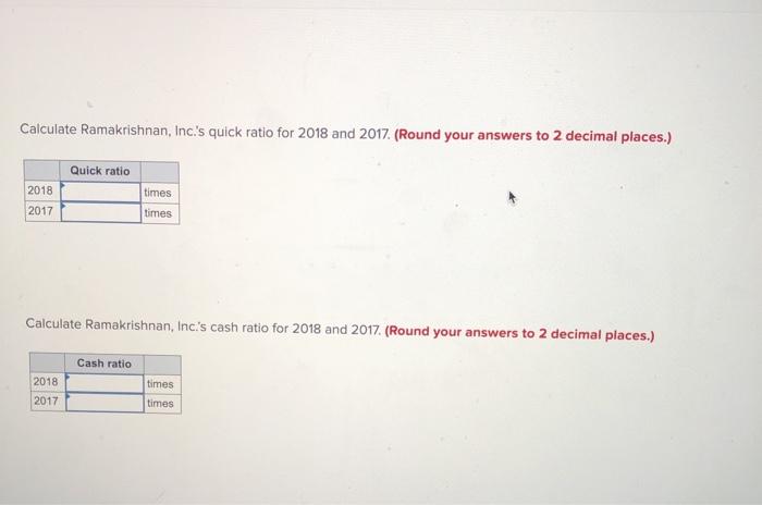 The top part of Ramakrishnan, Inc.'s 2018 and 2017 balance sheets is