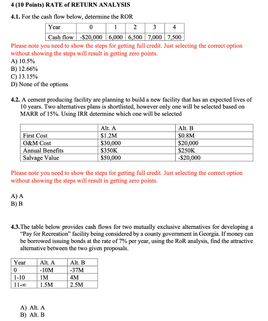  in excel please 4 (10 Points) RATE of RETURN ANALYSIS 4.1.