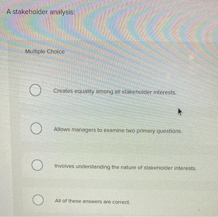  A stakeholder analysis: Multiple Choice Creates equality among all stakeholder interests.