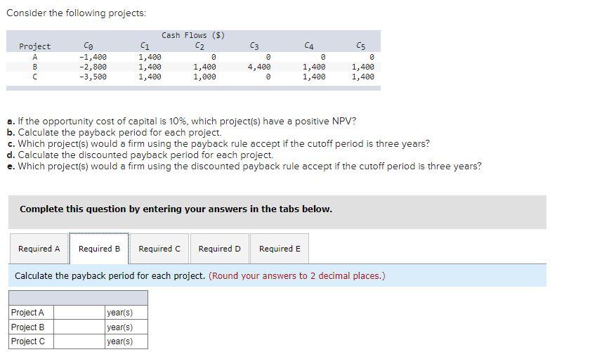 Problem 5-2 Payback Consider the following projects: Cash Flows ($) Project C0