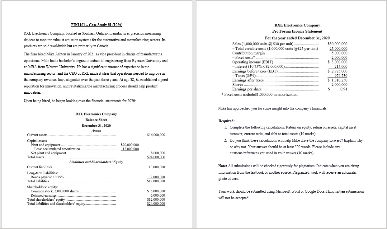 FIN1101 - Case Study #1 (10%) RXL Electronics Company, located in