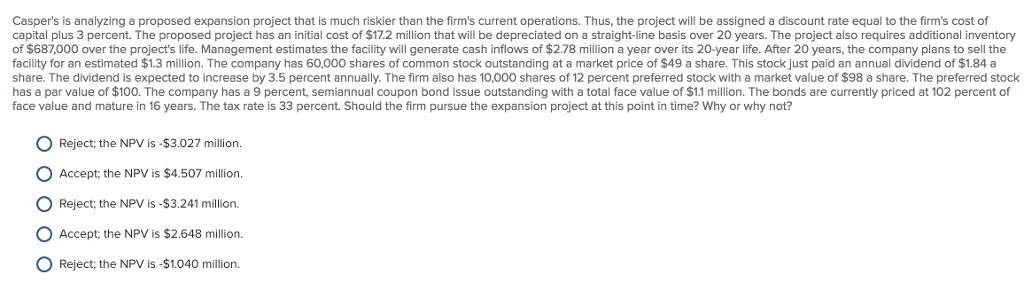  Casper's is analyzing a proposed expansion project that is much riskier