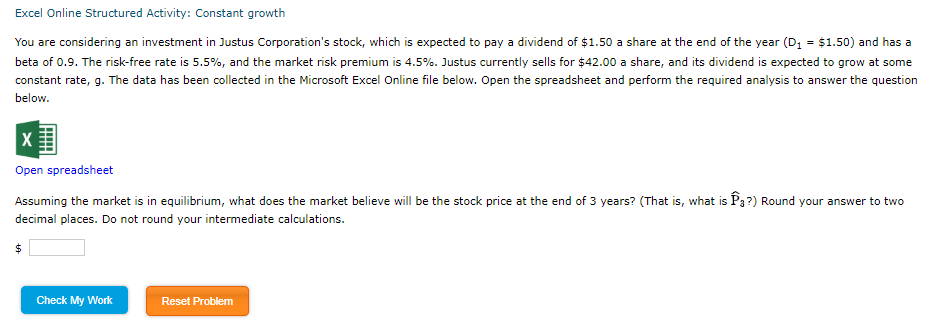 Excel Online Structured Activity: Constant growth You are considering an investment