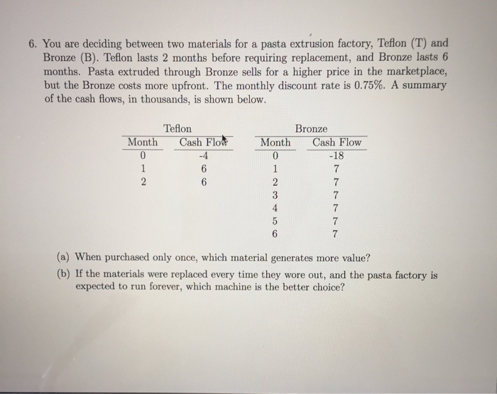  6. You are deciding between two materials for a pasta extrusion
