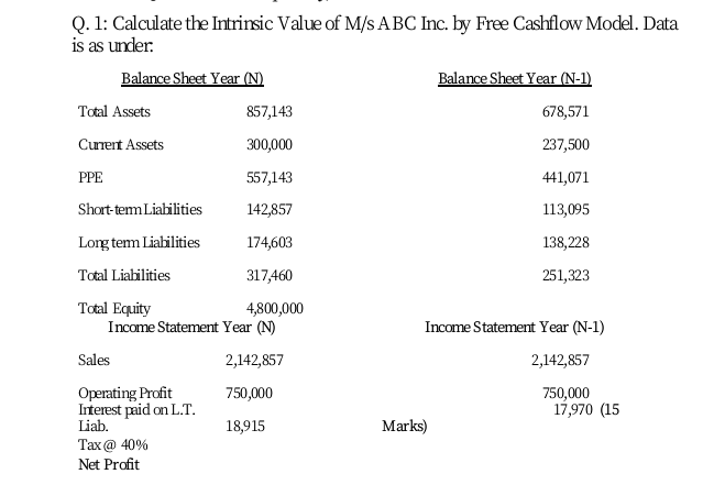  Intrinsic value calculation using free cashflow method. Q.1: Calculate the Intrinsic