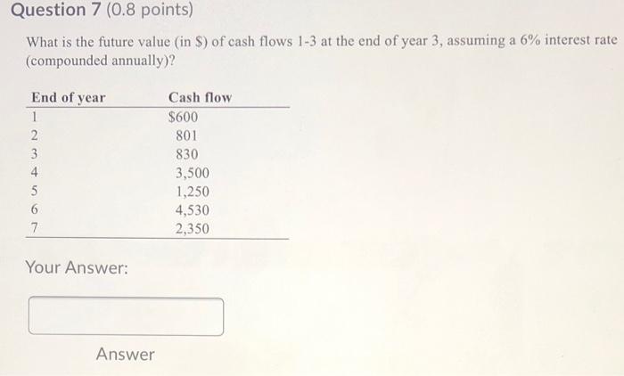  Question 7 (0.8 points) What is the future value in S)