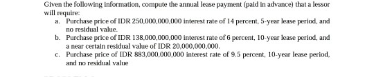  Given the following information, compute the annual lease payment (paid in