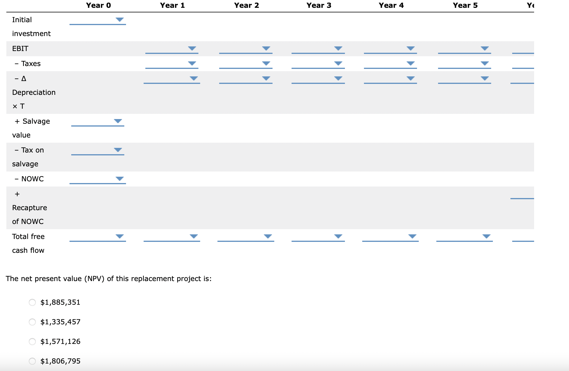 The blanks are for EBIT, - Taxes, - Depreciation, + Recapture of