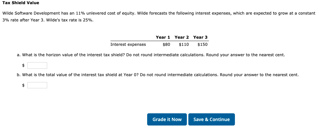  Tax Shield Value Wilde Software Development has an 11% unlevered cost