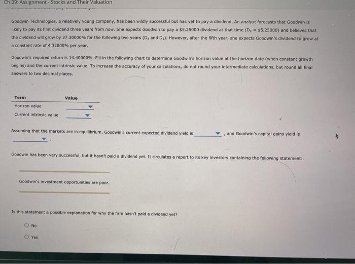  Ch 09: Assignment - Stocks and Their Valuation Goodwin Technologies, a
