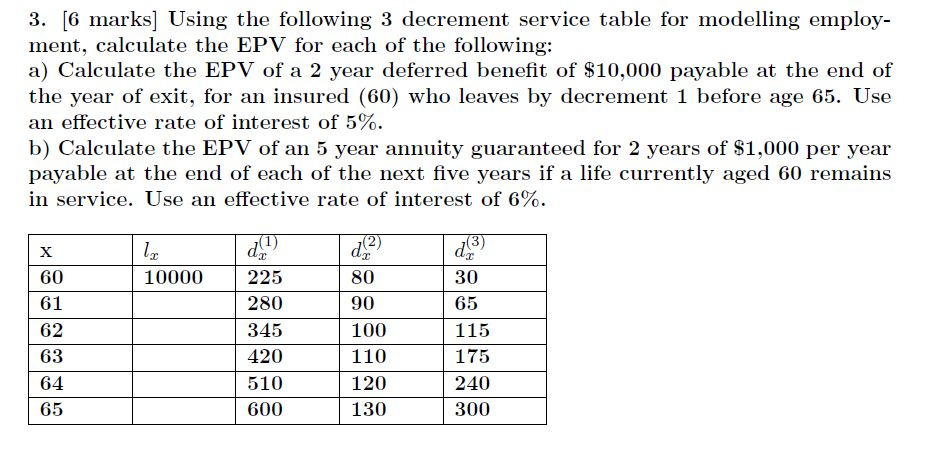  3. (6 marks Using the following 3 decrement service table for