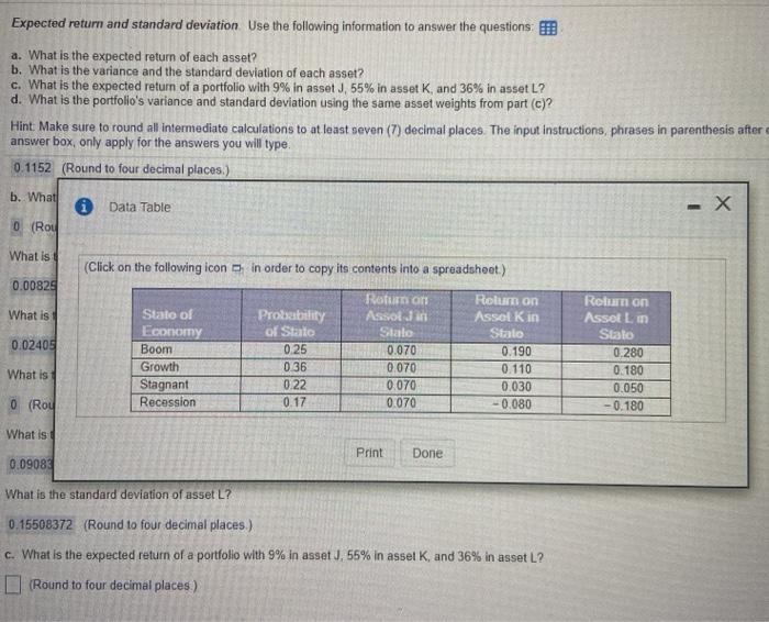  Expected return and standard deviation Use the following information to answer