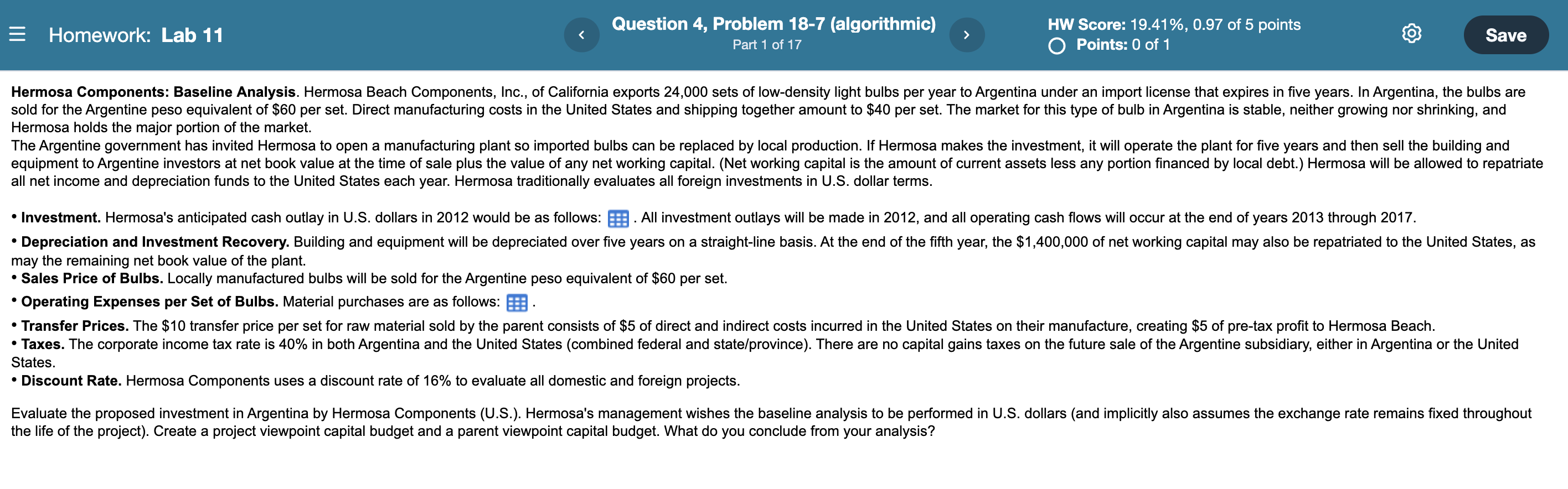  = Homework: Lab 11 Question 4, Problem 18-7 (algorithmic) Part 1
