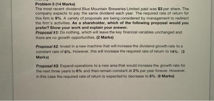  Problem 5 (14 Marks) The most recent dividend Blue Mountain Breweries