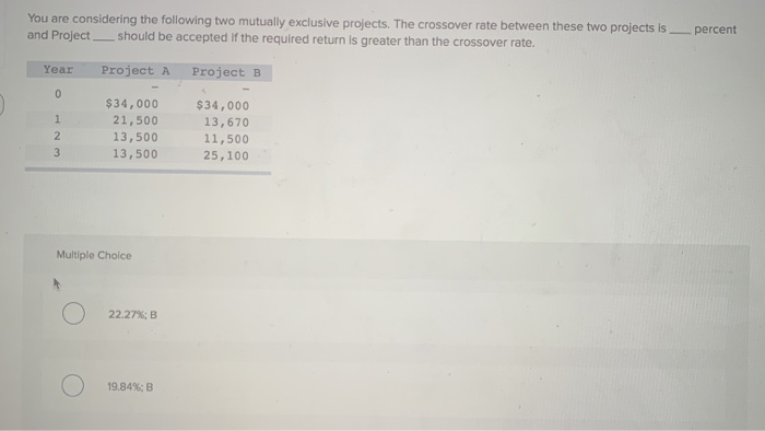  You are considering the following two mutually exclusive projects. The crossover