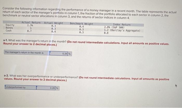 This all is one question Consider the following information regarding the performance