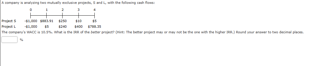 A company is analyzing two mutually exclusive projects, S and L, with