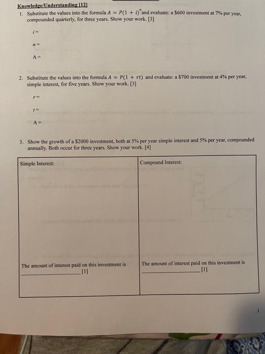  Knowledge/Understanding 1121 1. Substitute the values into the formula A =