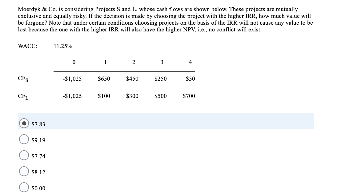 Moerdyk & Co. is considering Projects S and L, whose cash