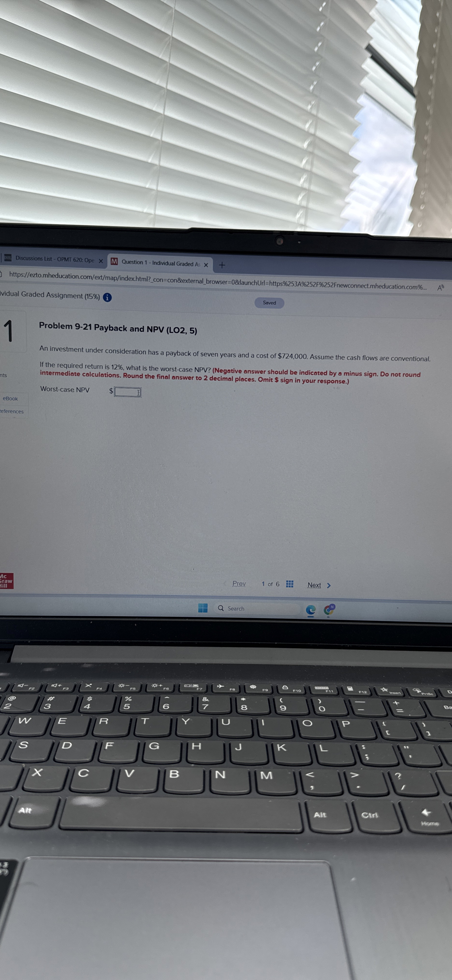  Problem 9-21 Payback and NPV (LO2,5) An investment under consideration has