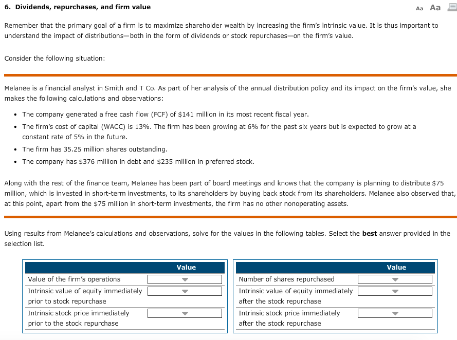 6. Dividends, repurchases, and firm value Aa Aa E Remember that