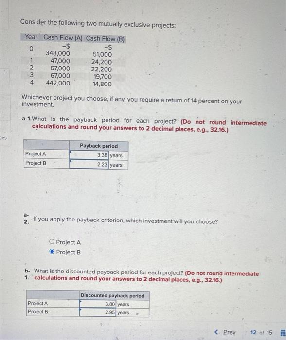 very long question. please help Consider the following two mutually exclusive projects: