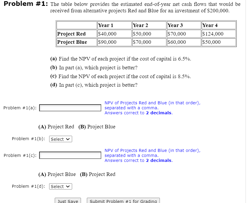 Problem #1: The table below provides the estimated end-of-year net cash