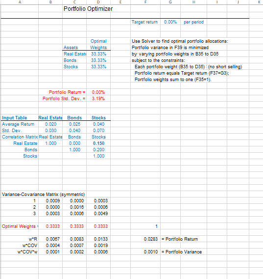 With regards to the three-asset optimization in the attached Excel spreadsheet (Test2-student),