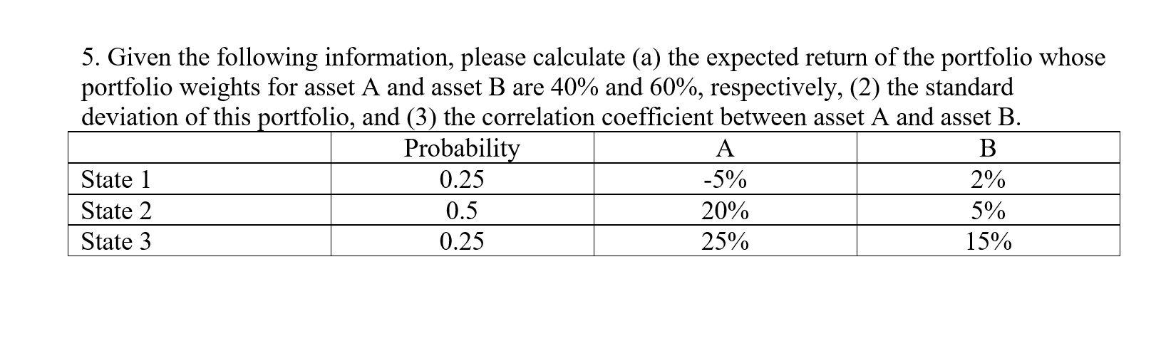 5. Given the following information, please calculate (a) the expected return