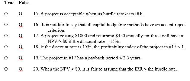  True False O 0 15. A project is acceptable when its