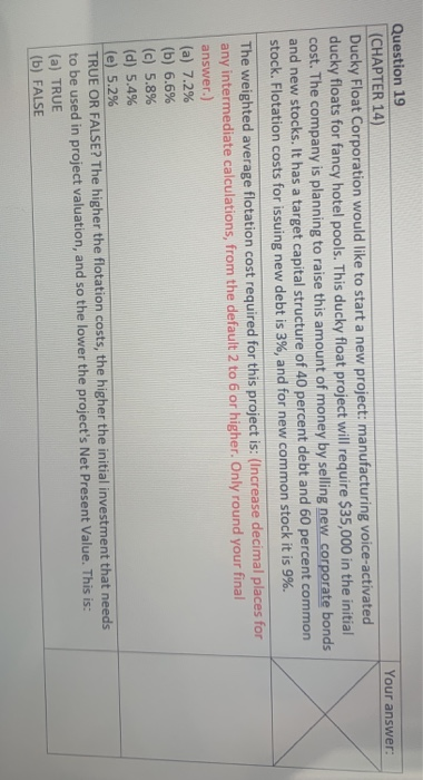  Your answer: Question 19 (CHAPTER 14) Ducky Float Corporation would like