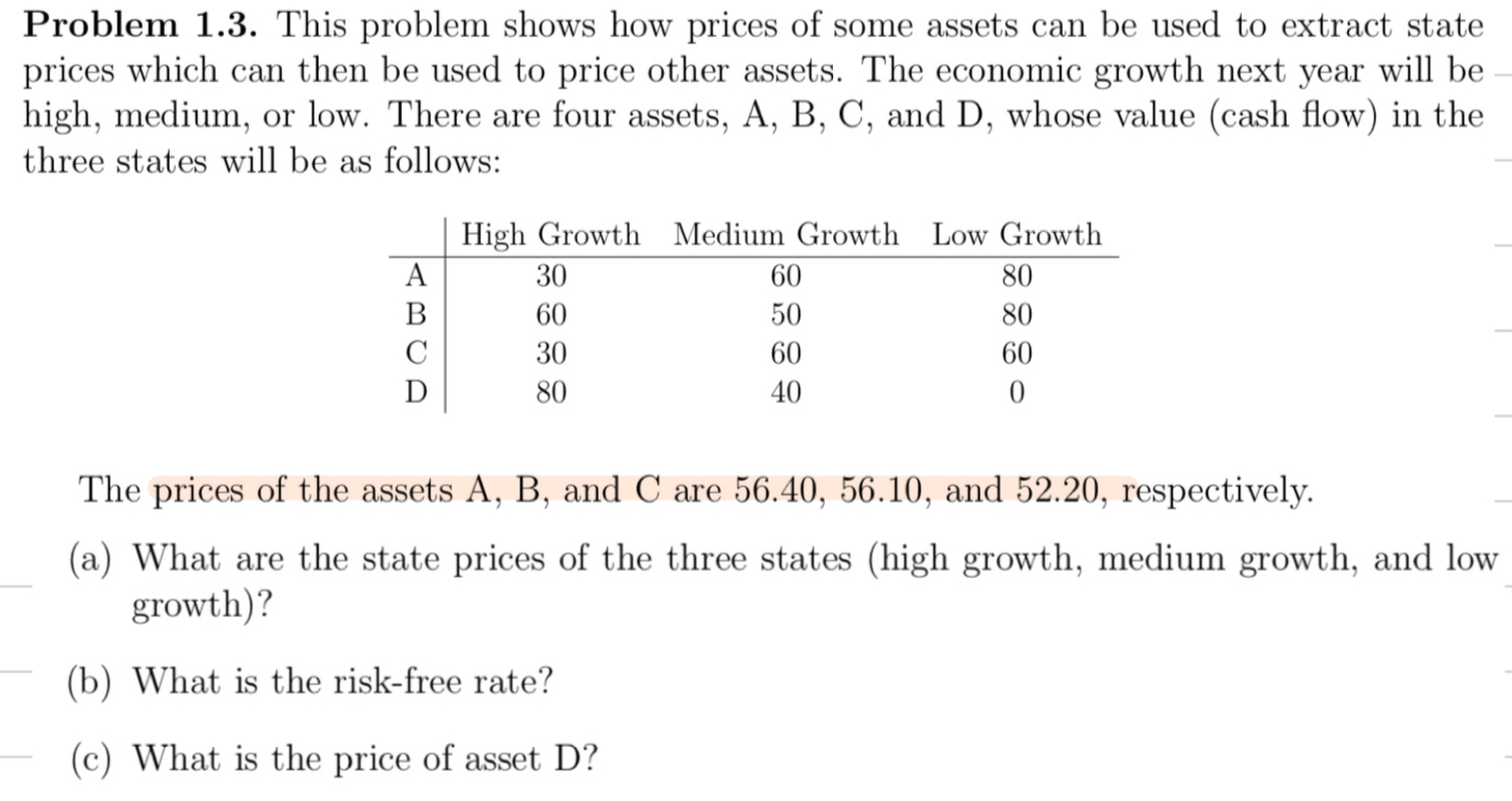  Problem 1.3. This problem shows how prices of some assets can