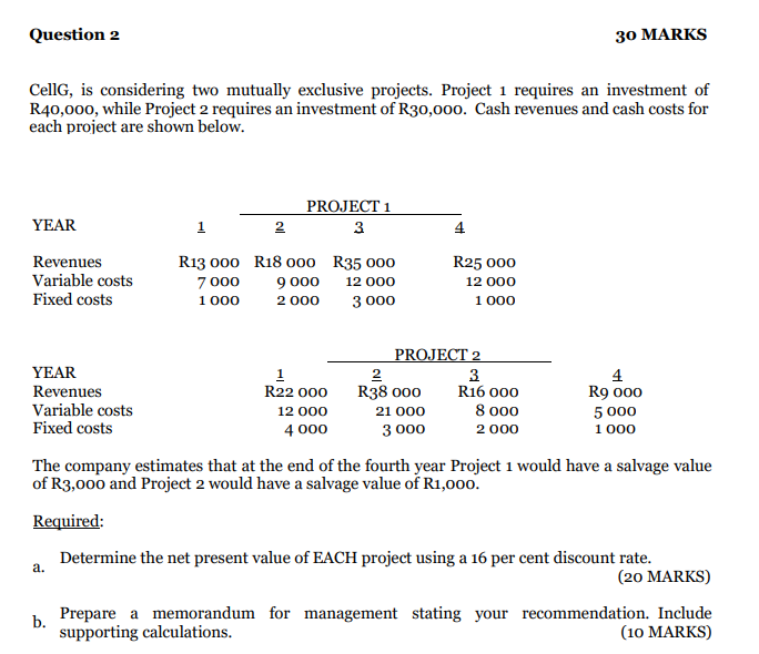 CellG, is considering two mutually exclusive projects. Project 1 requires an investment