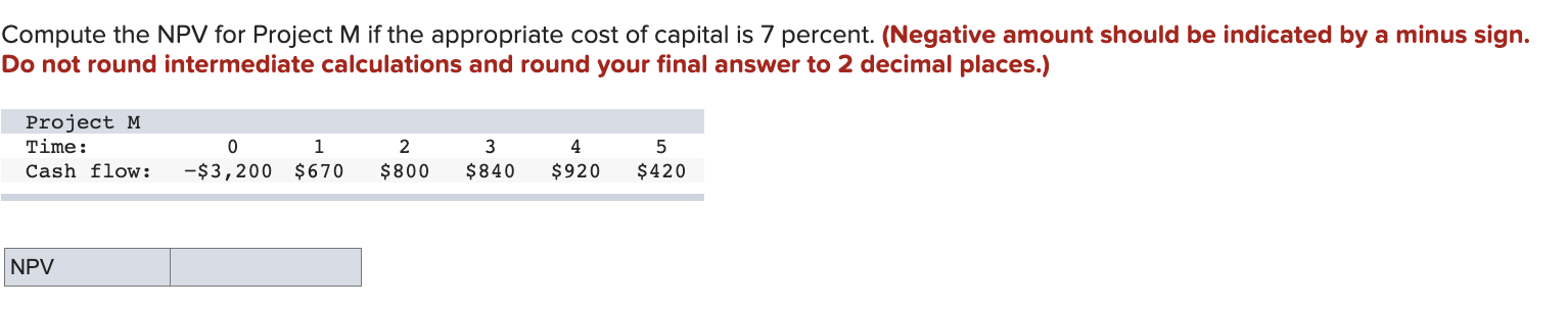 Compute the NPV for Project M if the appropriate cost of
