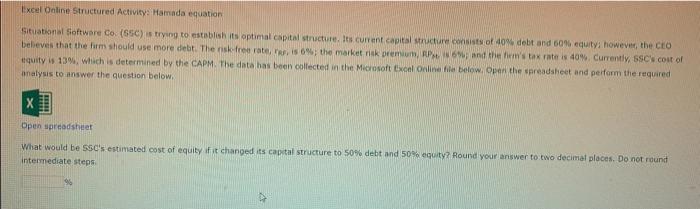  Excel Online Structured Activity: Hamada equation Situational Software Co. (SSC) is