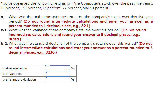 1) 2) You've observed the following returns on Pine Computer's stock over