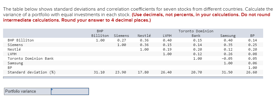  The table below shows standard deviations and correlation coefficients for seven