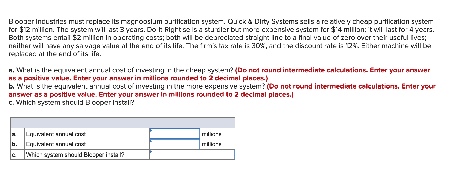 Blooper Industries must replace its magnoosium purification system. Quick & Dirty