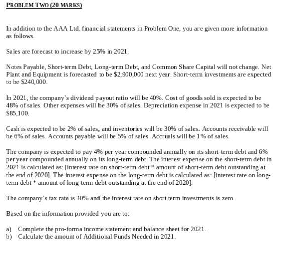  PROBLEM TWO (20 MARKS) In addition to the AAA Ltd. financial
