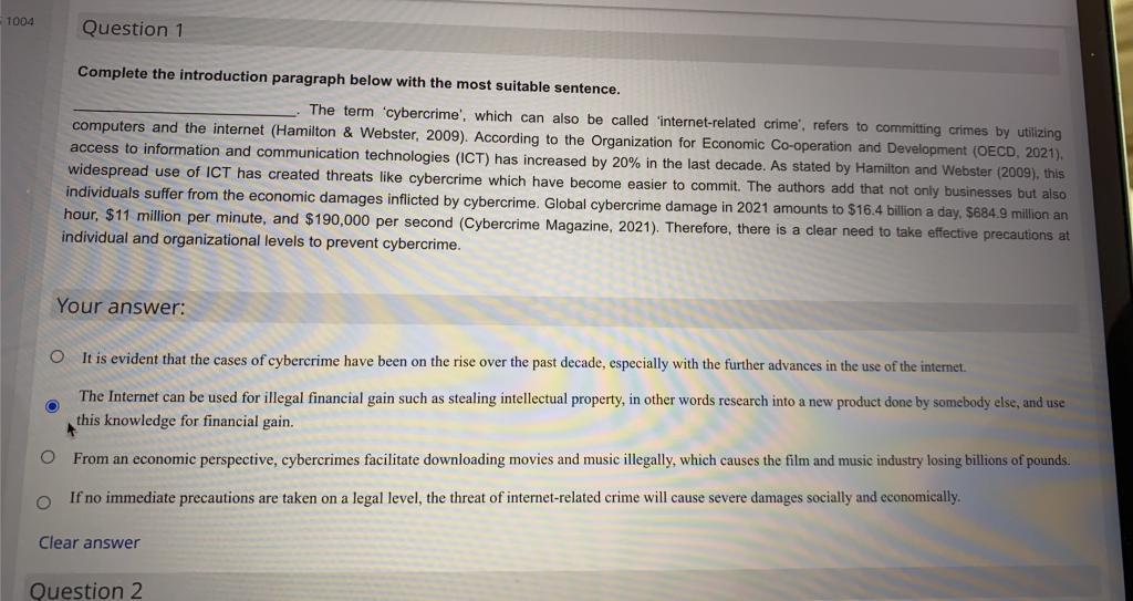  1004 Question 1 Complete the introduction paragraph below with the most