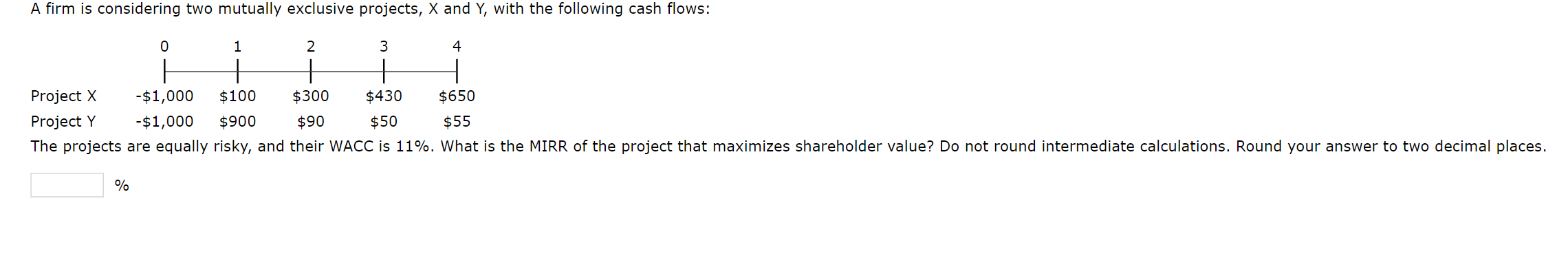  A firm is considering two mutually exclusive projects, X and Y,