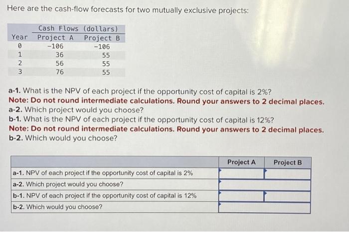  Here are the cash-flow forecasts for two mutually exclusive projects: a-1.