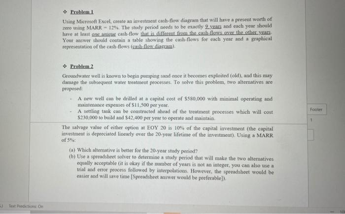  Problem 1 Using Microsoft Excel, create an investment cash-flow diagram that