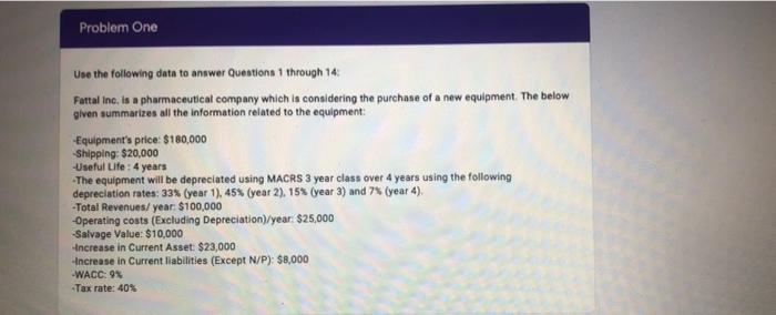  Problem One Use the following data to answer Questions through 14