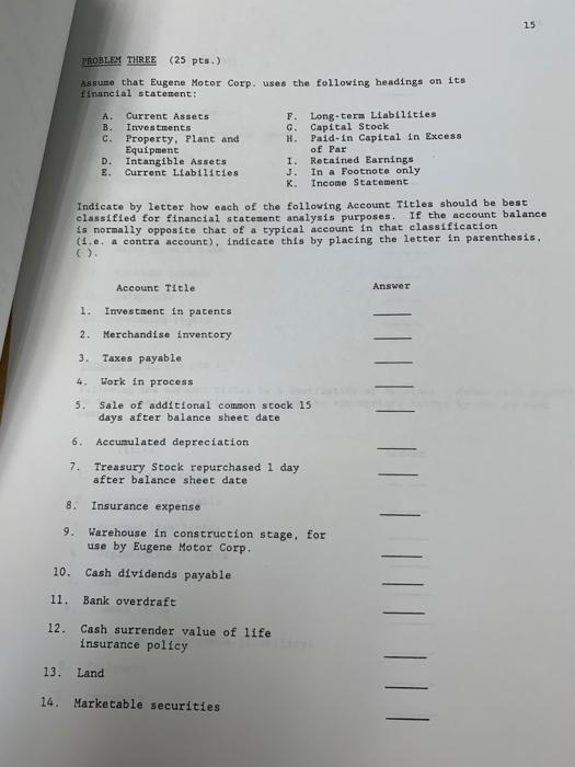  15 PROBLEM THREE (25 pts.) assume that Eugene Motor Corp. uses