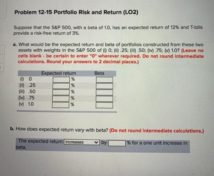  Problem 12-15 Portfolio Risk and Return (LO2) Suppose that the S&P